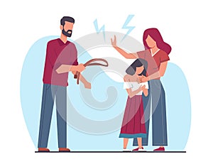 Concept of family violence, husband beats wife and child with belt. Mother protect child from aggressive father. Family