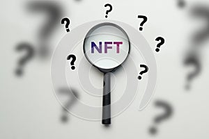 Concept faq of type of cryptographic nft. Magnifier with questions