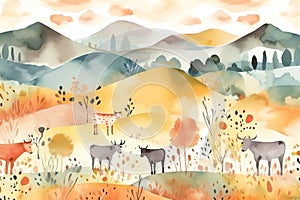 Farm animals seamless pattern, cows, cattle, countryside hand drawn watercolor illustration, summer design, textile, wallpaper, fa