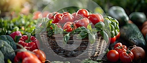 Concept Farm Basket of fresh organic fruits and vegetables from a bountiful farmland harvest