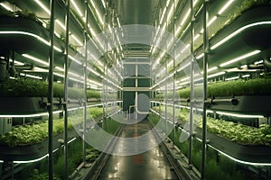 The concept of farming and agriculture of the future. Growing fruits and vegetables, greenhouse. Generative AI.