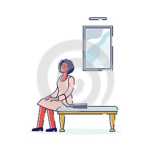 Concept Of Fashion Interiors. Young Businesswoman With Bag Is Sitting On Couch In Shopping Center Or Gallery