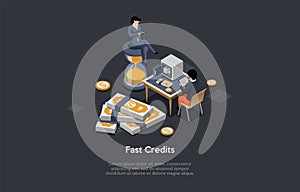 Concept Of Fast Credits And Quick Payment, Easy Money, Fast Cash Loan, Saving Account. Male Character Man Borrowing