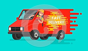 Concept of fast delivery of goods. The driver of the truck in a