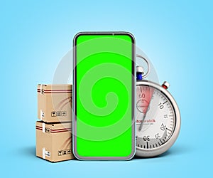 Concept of fast delivery and parcel tracking boxes are at the phone screen next to them is a stopwatch 3d render on blue gradient