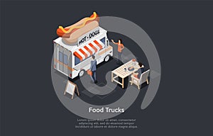 Concept Of Fast Food Festival. Modern Food Truck With Hot Dog Logo Offers Tasty Fresh Fast Food Meal. Characters Order