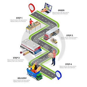 Concept of the fast grocery delivery service for infographic. Isometric vector illustration.