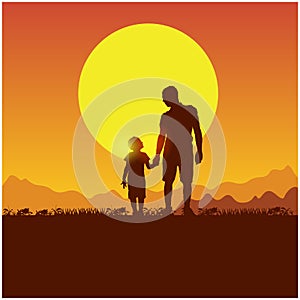 Concept of father and son camping. Summer travel with a child. Silhouette of people on the sun background. Spring family picnic tr