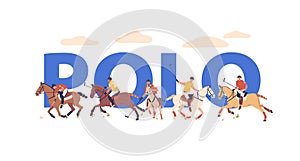 Concept Features Polo Player Characters In Action, Mounted On Horses, With Mallets In Hand, Against The Bold Lettering