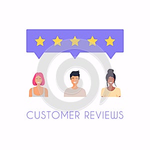 Concept of feedback, testimonials messages and notifications. Rating on customer service illustration. Five stars rating flat