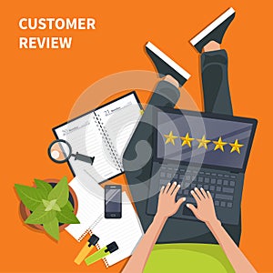 Concept of feedback, testimonials messages and notifications. Rating on customer service illustration. Man sitting on the floor an