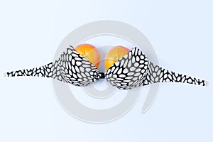 The concept of the female breast. Oranges in bathing suit bra