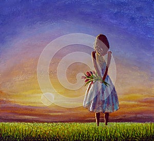 Concept of female loneliness. Acrylic painting lonely girl with bouquet of wildflowers looks into distance at sunset dawn of sun.