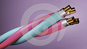 Concept of fiber optic cable on a colored background. Design. Future cable technology, detailed curved cable, powerful