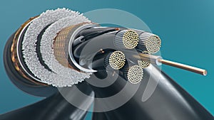 The concept of fiber optic cable on a colored background. Future cable technology. Detailed curved cable in cross