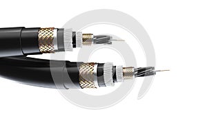 The concept of fiber optic cable isolated on white background. Future cable technology. Detailed curved cable in cross