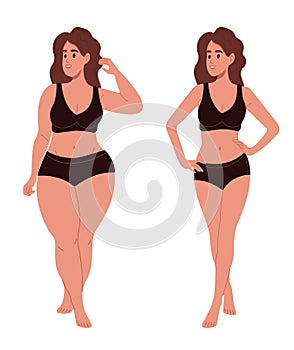 Concept of figure fat and overweight. An overweight woman stands in front of a thin, slender, fit woman. Before and