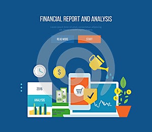 Concept - finance, financial reporting and analysis, management planning.
