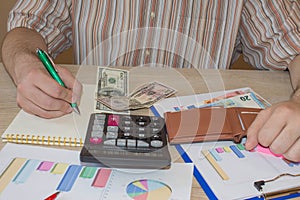 The concept of financial planning, savings. Man, Money with calculator and notebook on wood table. Photo shows a closeup of busine