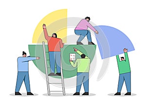 Concept Of Financial Statement Forming And Business Report. People Connecting Together Pieces Of Big Pie Chart