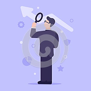 The concept of finding an effective plan of action in business. A man in a suit and looking through a magnifying glass is looking