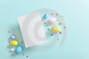 The concept of finding eggs for Easter. Happy Easter celebration. Space for copying. Flat position, top view.