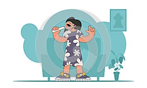 Concept Finding the necessary information on the Internet. The man is holding a magnifying glass. Retro style character.