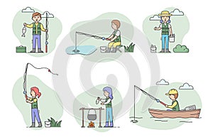 Concept Of Fishing And Rest. Set Of Men And Women Fisher People Cooking And Catching Fish With Spinning. Sport Outdoors