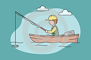 Concept Of Fishing With Spinning And Rest. Cheerful Fisherman Is Fishing From Boat On The Lake. Sport Outdoor Man