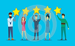 Concept of Five stars rating. People are holding stars over the heads. Feedback consumer or customer review evaluation