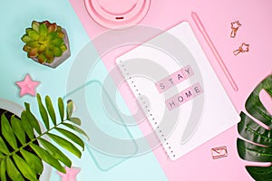 Concept flat lay. Words `STAY HOME`