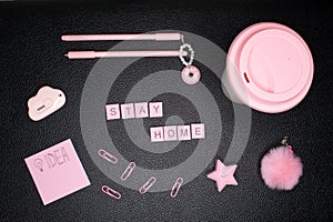 Concept flat lay with words `stay home`