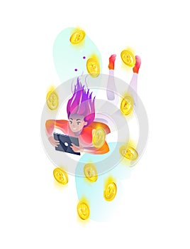 Concept in flat style with woman falling down with tablet and cryptocurrency