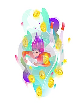 Concept in flat style with woman falling down with tablet and cryptocurrency