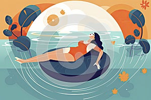 Concept in flat style with woman floating with circle. Vacation and relaxion