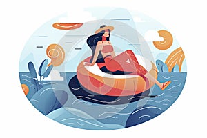 Concept in flat style with woman floating with circle. Vacation and relaxion