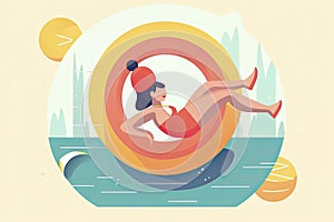 Concept in flat style with woman floating with circle. Vacation and relaxion