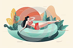 Concept in flat style with woman floating with circle. Vacation and relaxion