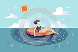 Concept in flat style with woman floating with circle. Vacation and relaxion