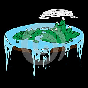 Concept of a flat world, a planet with an ocean, a forest and mountains. Vector ends of the earth with the ocean flowing down.