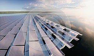 Concept of a floating solar panel array in beautifull calm morning lake with distant wild forest in background.