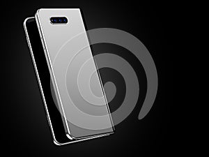 Concept of foldable smartphone folding on the longer side. Flexible smartphone isolated on black background. 3D rendering