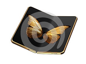 Concept of foldable smartphone folding on the longer side with golden butterfly image on screen. Flexible smartphone isolated on