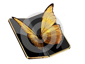 Concept of foldable smartphone folding on the longer side with golden butterfly sitting on the screen. Flexible smartphone