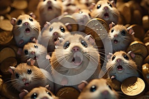 Concept FOMO. Crowd of Hamsters Bitcoin. Poster tshirts.