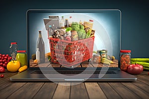 concept food delivery ordering Online screen shop grocery supermarket shelf laptop food basket Shopping