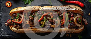 Concept Food Photography, Cheesesteak Recipe, Sizzling Philly Cheesesteak with Onions and Peppers
