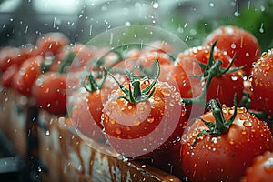 Concept Food Photography, Fresh Closeup photo of ripe red tomatoes with water droplets han