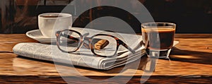 The concept of fragrant coffee, newspapers, glasses on a wooden table. generative ai