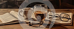 The concept of fragrant coffee, newspapers, glasses on a wooden table. generative ai